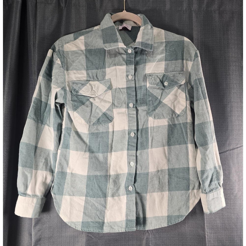 Pink Lily Green White Plaid Button-Up Collared Shirt Women's Juniors S Long Slv
